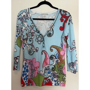 Alberto Makali Blue Psychedelic Paisley Beaded V-Neck 3/4 Sleeve Knit Top L